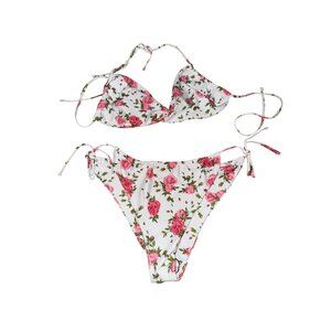 Pink Rose Floral Triangle Bikini Large White Two Piece Swimsuit Bathing Suit